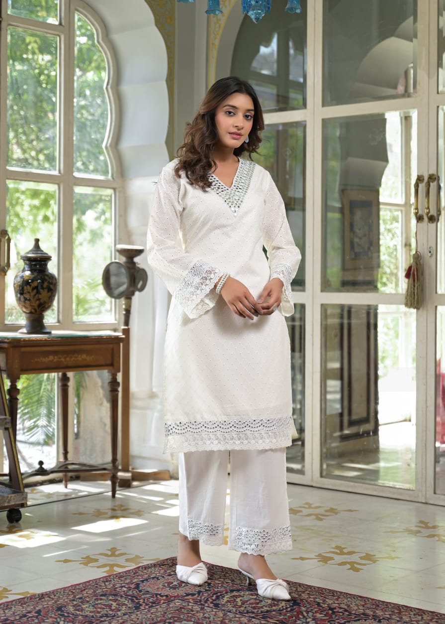 White Pure Cotton Co-ord Set with Cipli & Mirror Work D6269 - kharidari