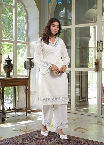 White Pure Cotton Co-ord Set with Cipli & Mirror Work D6269 - kharidari