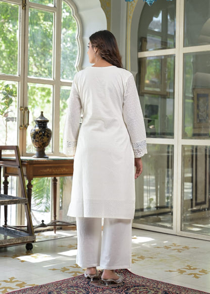 White Pure Cotton Co-ord Set with Cipli & Mirror Work D6269 - kharidari