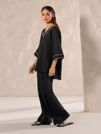 Women’s Pure Cotton Black V-Neck Embroidered Co-Ord Set D6329 – Elegant Casual Wear