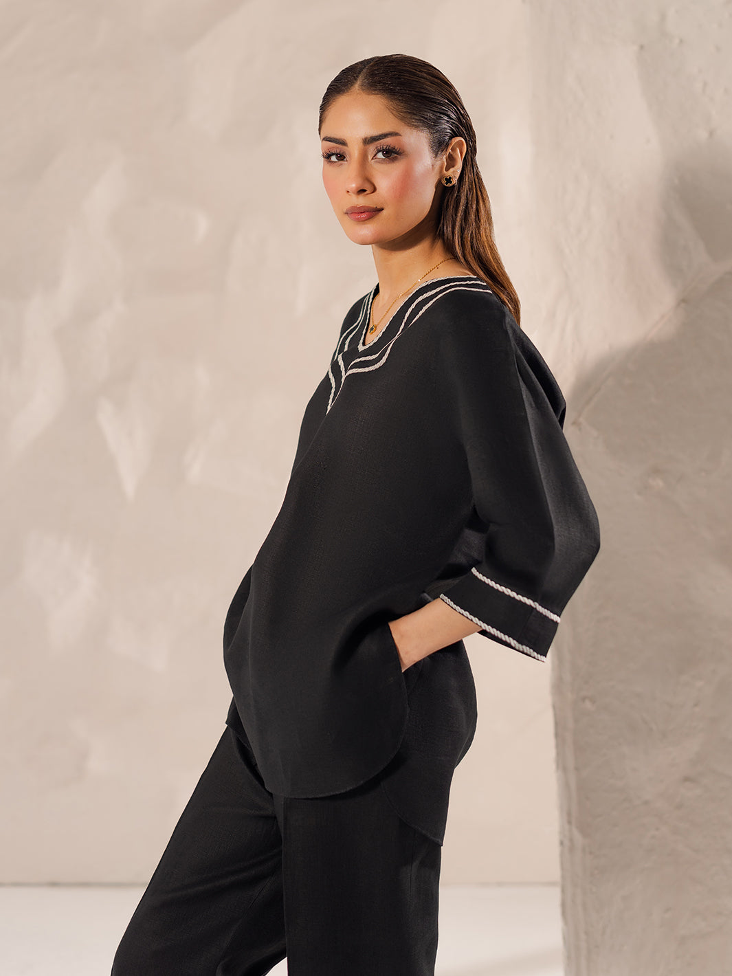 Women’s Pure Cotton Black V-Neck Embroidered Co-Ord Set D6329 – Elegant Casual Wear