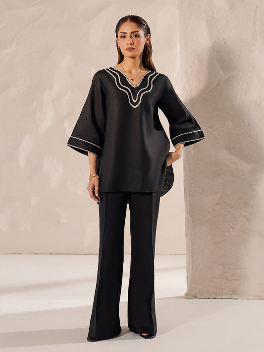 Women’s Pure Cotton Black V-Neck Embroidered Co-Ord Set D6329 – Elegant Casual Wear