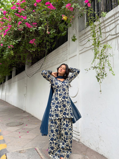 Elegant Blue Floral Ethnic Suit Set for Women with Matching Dupatta D6368