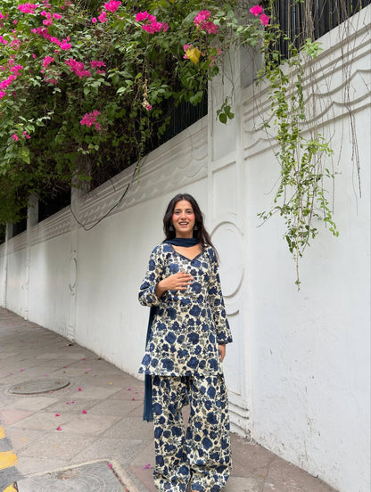 Elegant Blue Floral Ethnic Suit Set for Women with Matching Dupatta D6368