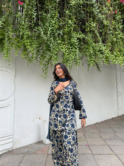 Elegant Blue Floral Ethnic Suit Set for Women with Matching Dupatta D6368