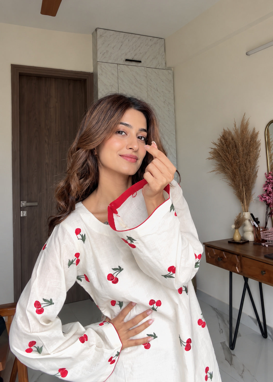 Women's Cherry Embroidered Cotton Co-Ord Set D6375