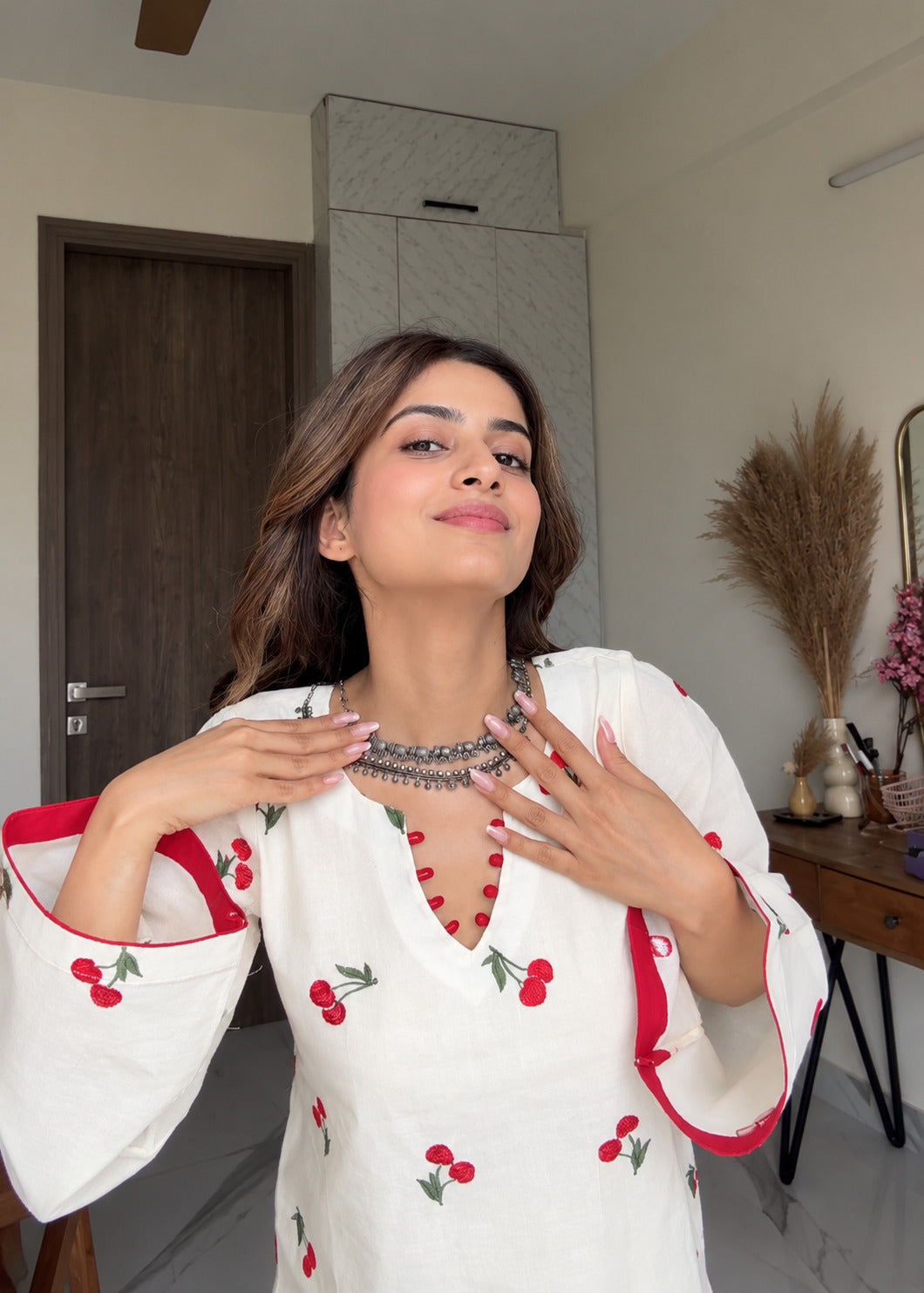 Women's Cherry Embroidered Cotton Co-Ord Set D6375
