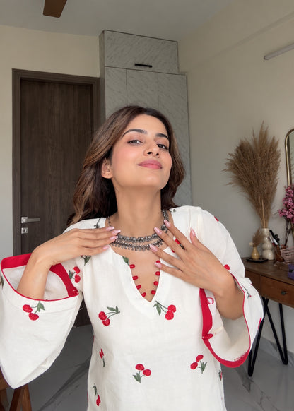 Women's Cherry Embroidered Cotton Co-Ord Set D6375