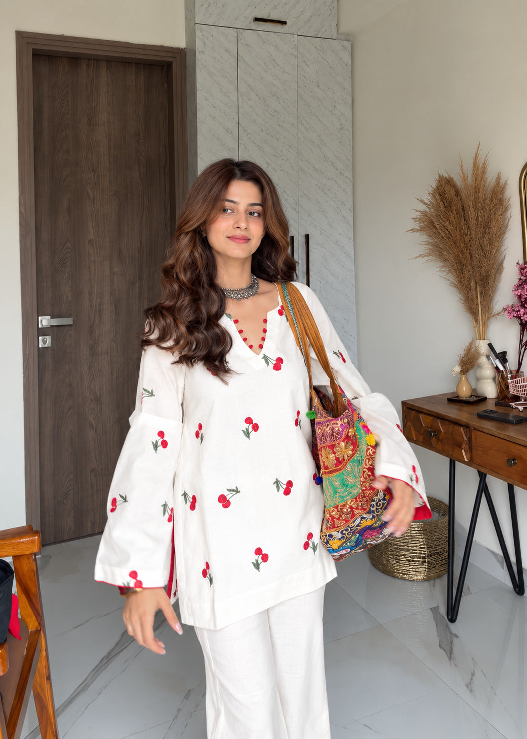 Women's Cherry Embroidered Cotton Co-Ord Set D6375