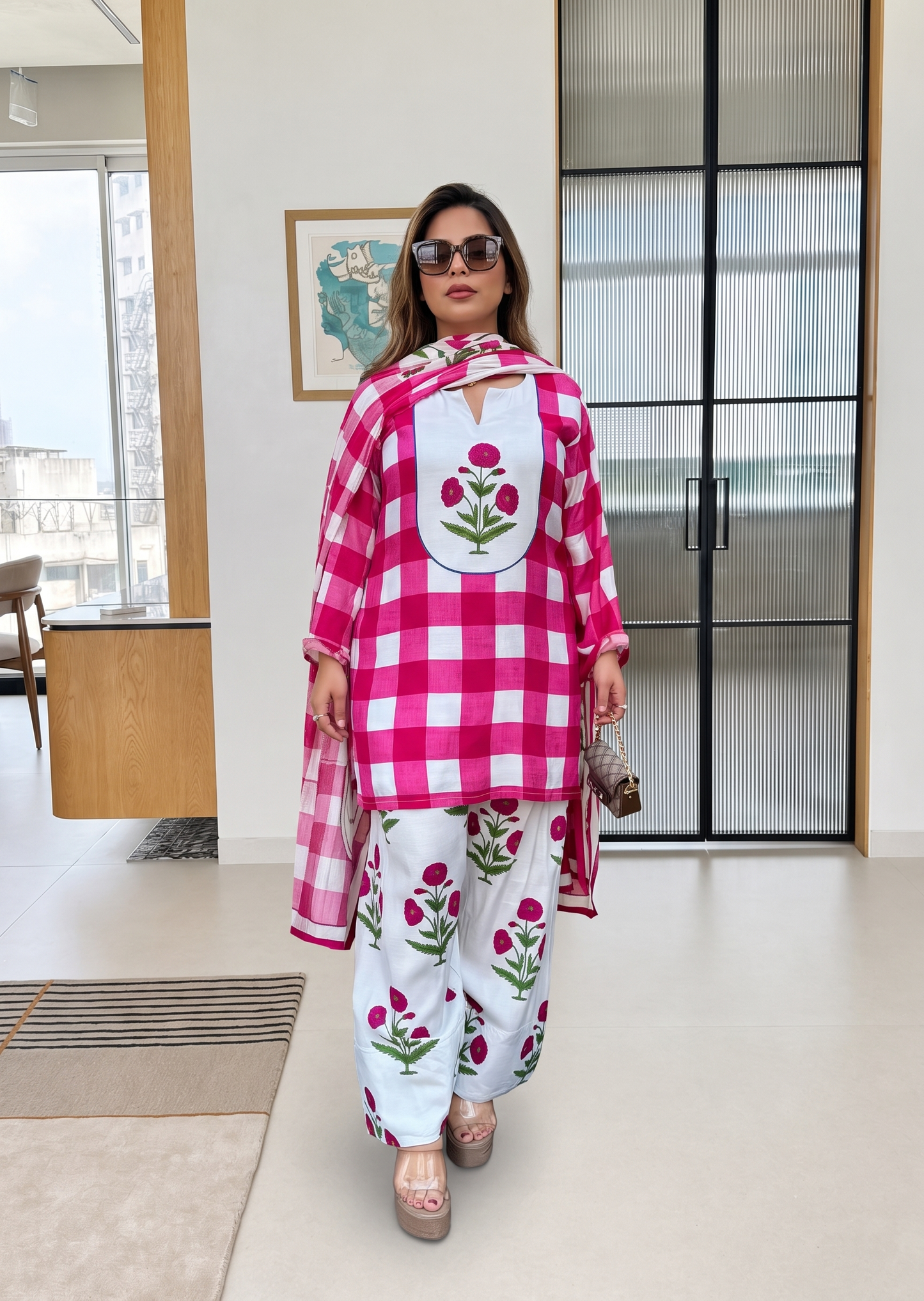 Women's Pink Checked Rayon Kurta with Floral Print Palazzo & Dupatta Set D6357