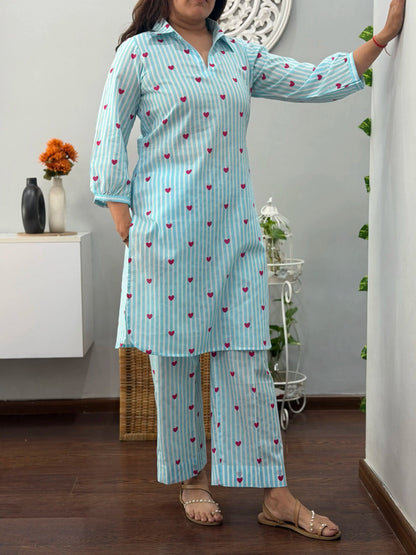 Women's Sky Blue Heart Print Rayon Co-Ord Set | Striped Collar Kurta with Straight Pants D6356