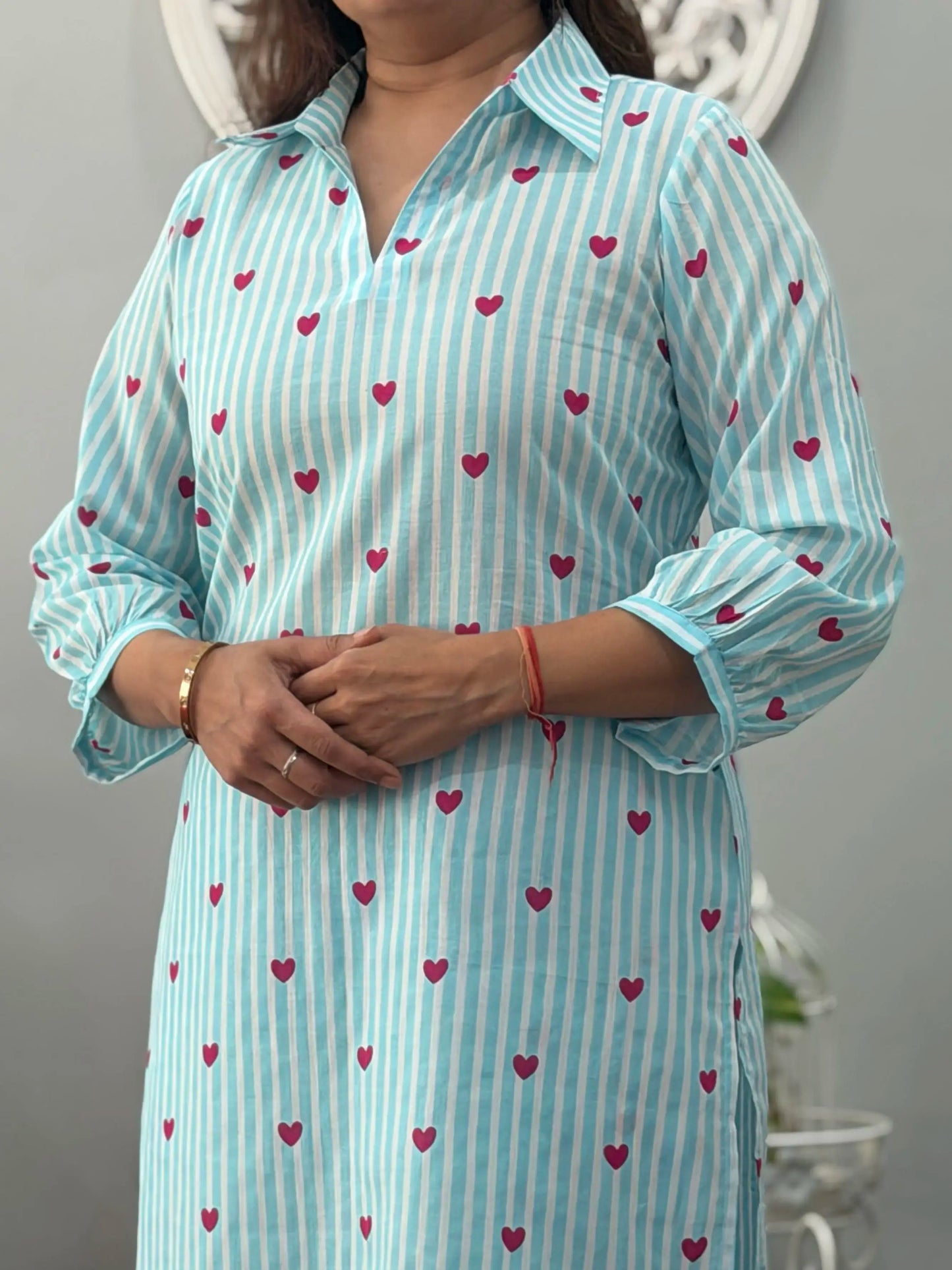 Women's Sky Blue Heart Print Rayon Co-Ord Set | Striped Collar Kurta with Straight Pants D6356