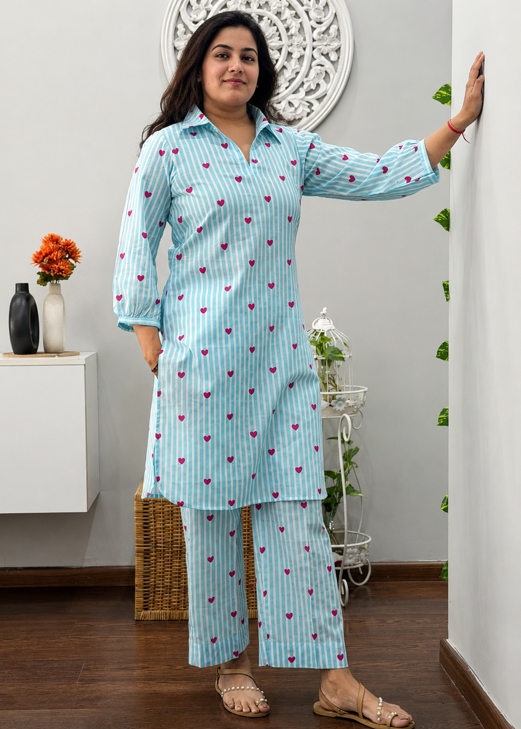 Women's Sky Blue Heart Print Rayon Co-Ord Set | Striped Collar Kurta with Straight Pants D6356