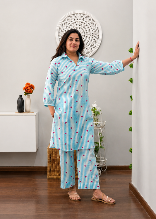 Women's Sky Blue Heart Print Rayon Co-Ord Set | Striped Collar Kurta with Straight Pants D6356