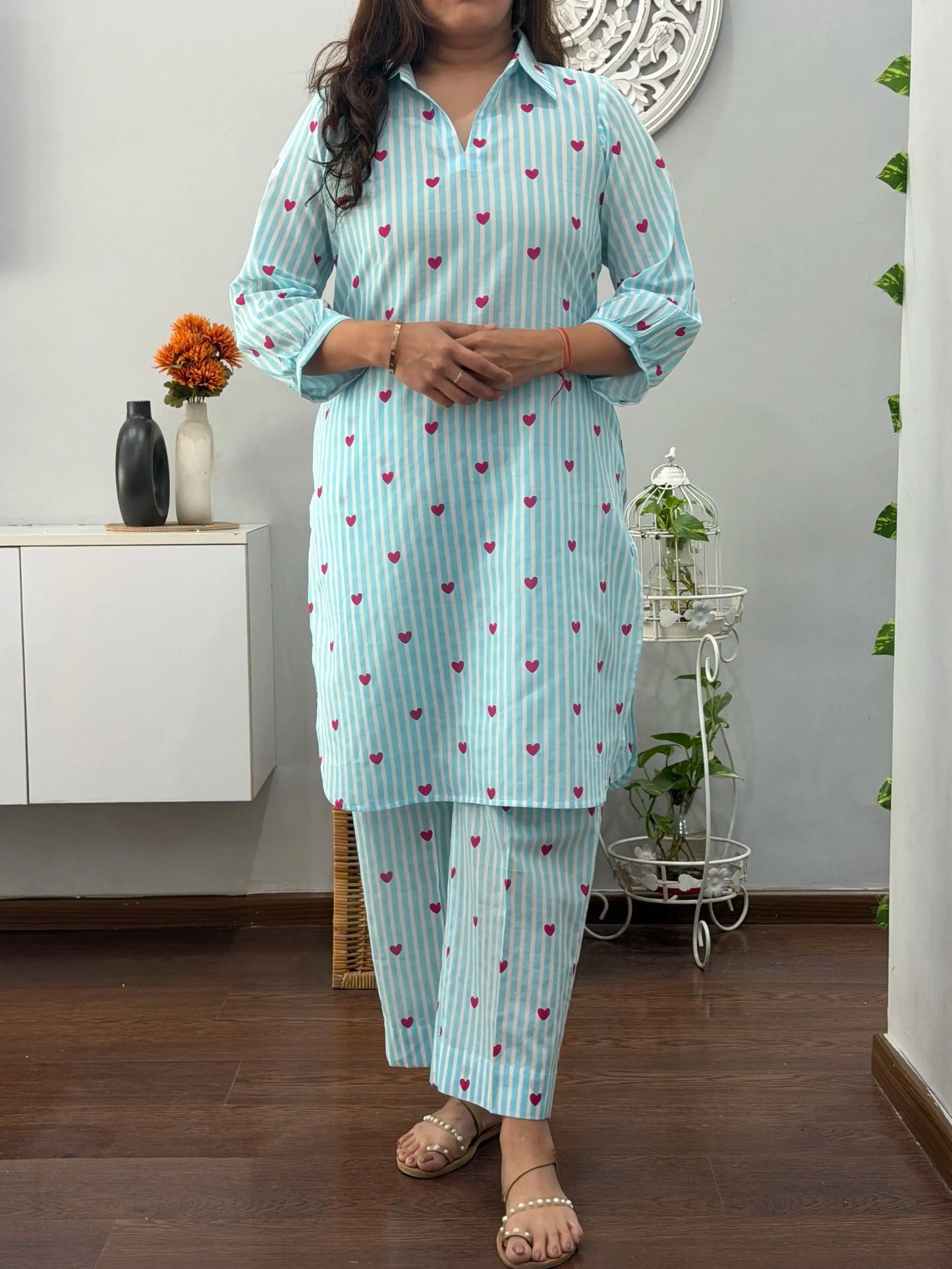 Women's Sky Blue Heart Print Rayon Co-Ord Set | Striped Collar Kurta with Straight Pants D6356