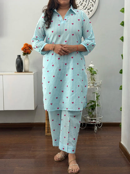 Women's Sky Blue Heart Print Rayon Co-Ord Set | Striped Collar Kurta with Straight Pants D6356