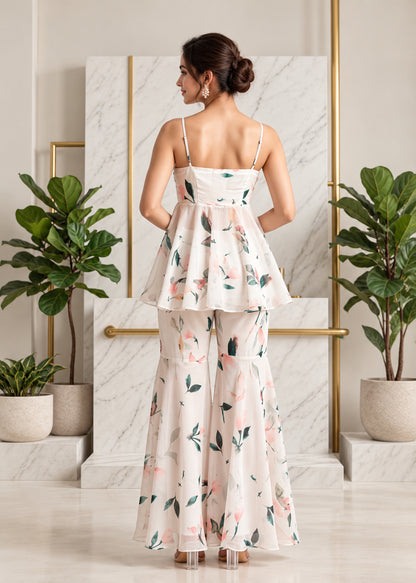 Women's White Floral Printed Georgette Co-Ord Set with Flared Pants D6376