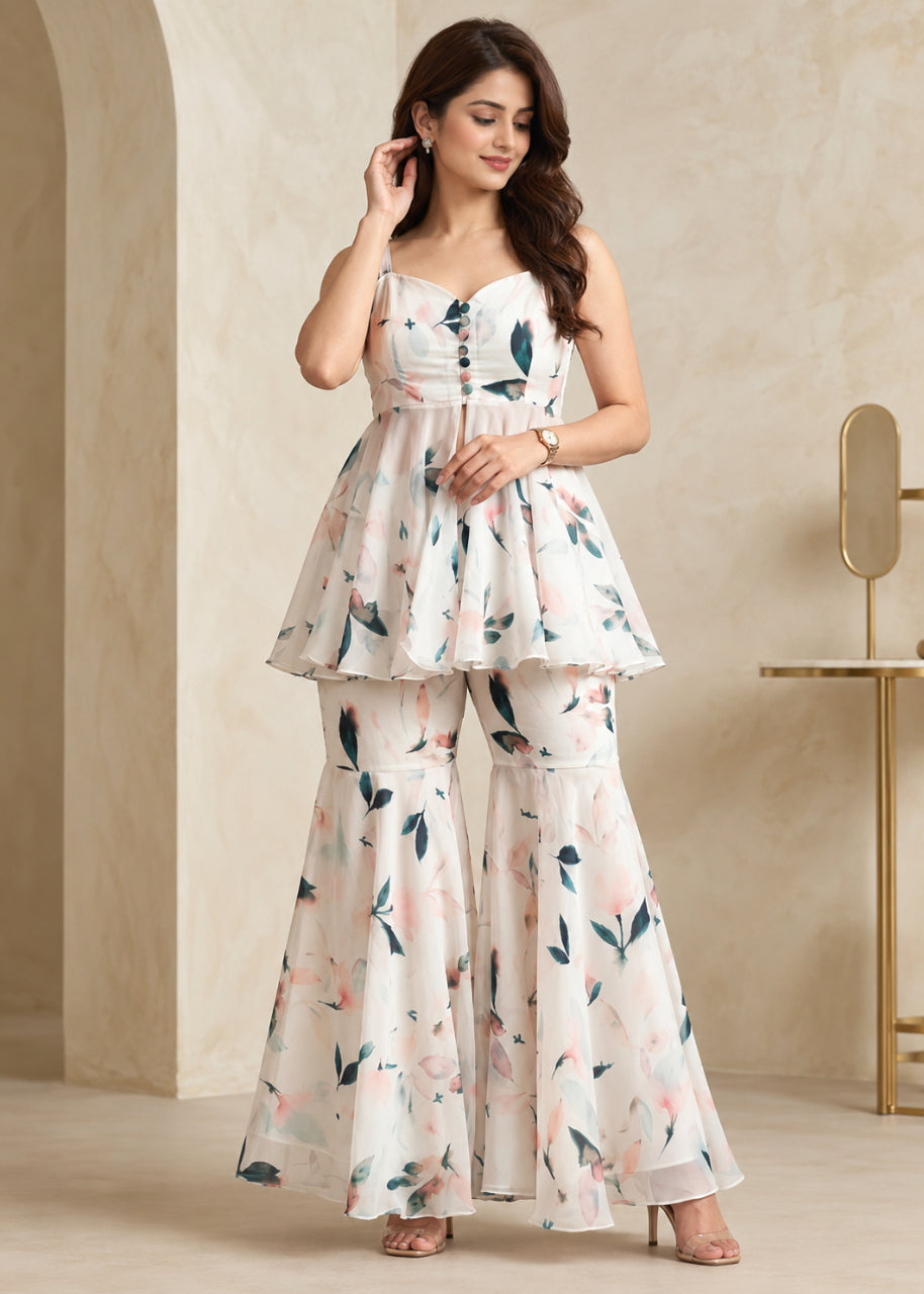 Women's White Floral Printed Georgette Co-Ord Set with Flared Pants D6376