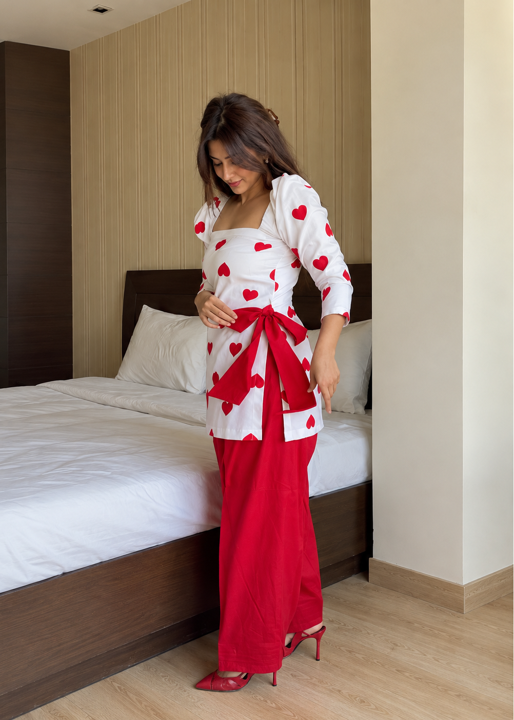 Women's White & Red Heart Embroidered Mul Chanderi Co-Ord Set with Cotton Palazzo D6366