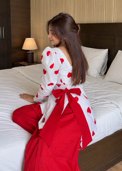 Women's White & Red Heart Embroidered Mul Chanderi Co-Ord Set with Cotton Palazzo D6366