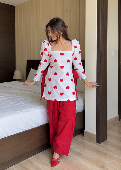 Women's White & Red Heart Embroidered Mul Chanderi Co-Ord Set with Cotton Palazzo D6366