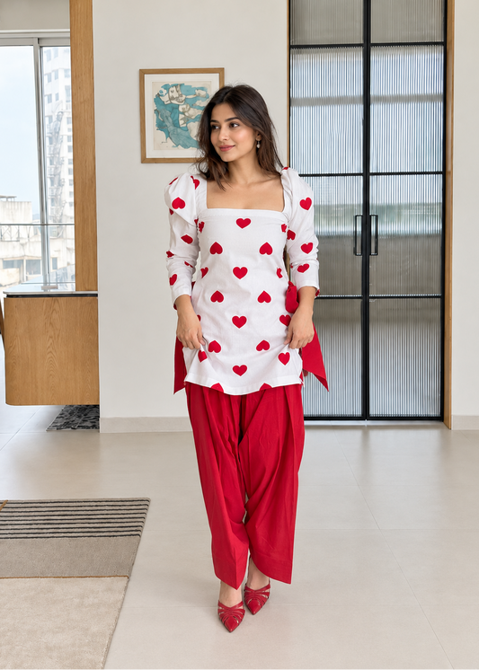 Women's White & Red Heart Embroidered Mul Chanderi Co-Ord Set with Cotton Palazzo D6366